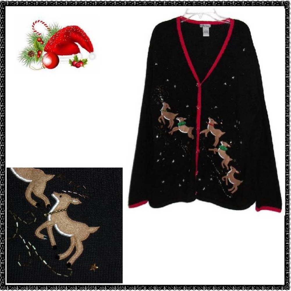 Ugly CHRISTMAS Sweater L SANTA'S REINDEER Beaded